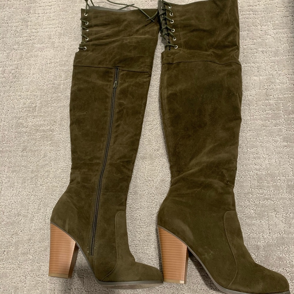 Over the knee green suede boots